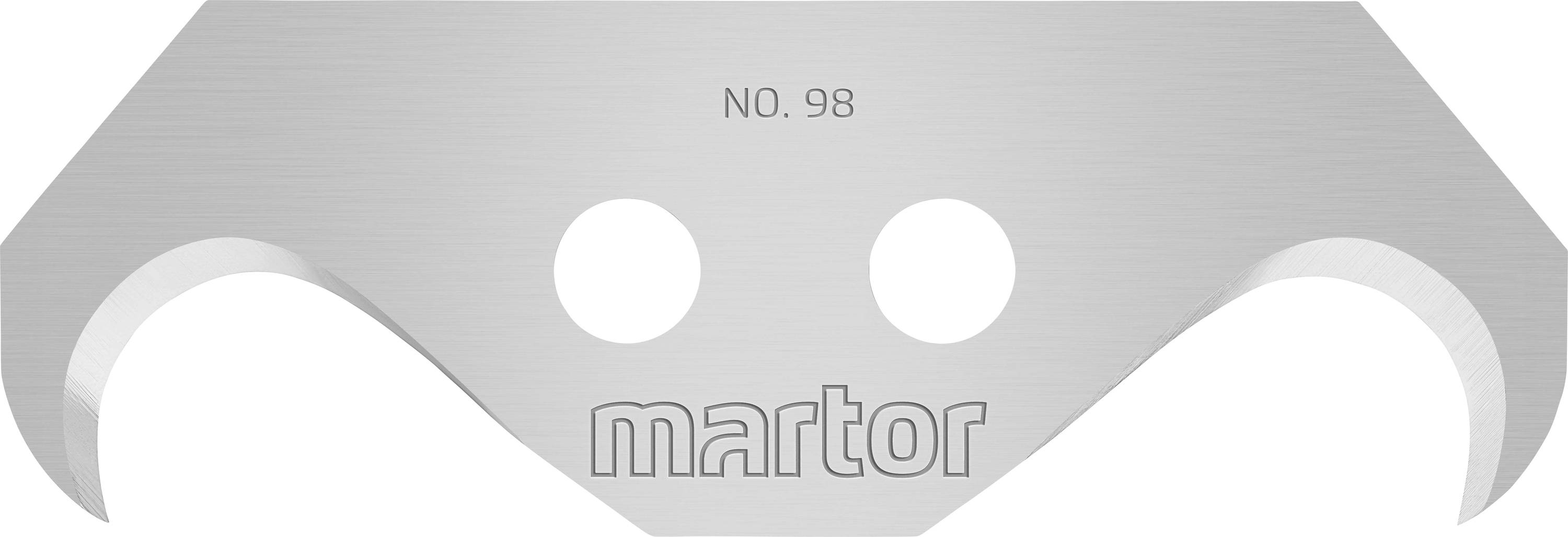 Blade surface with the inscription 'NO. 98' and 'martor'. Two round holes in the centre and curved blades.