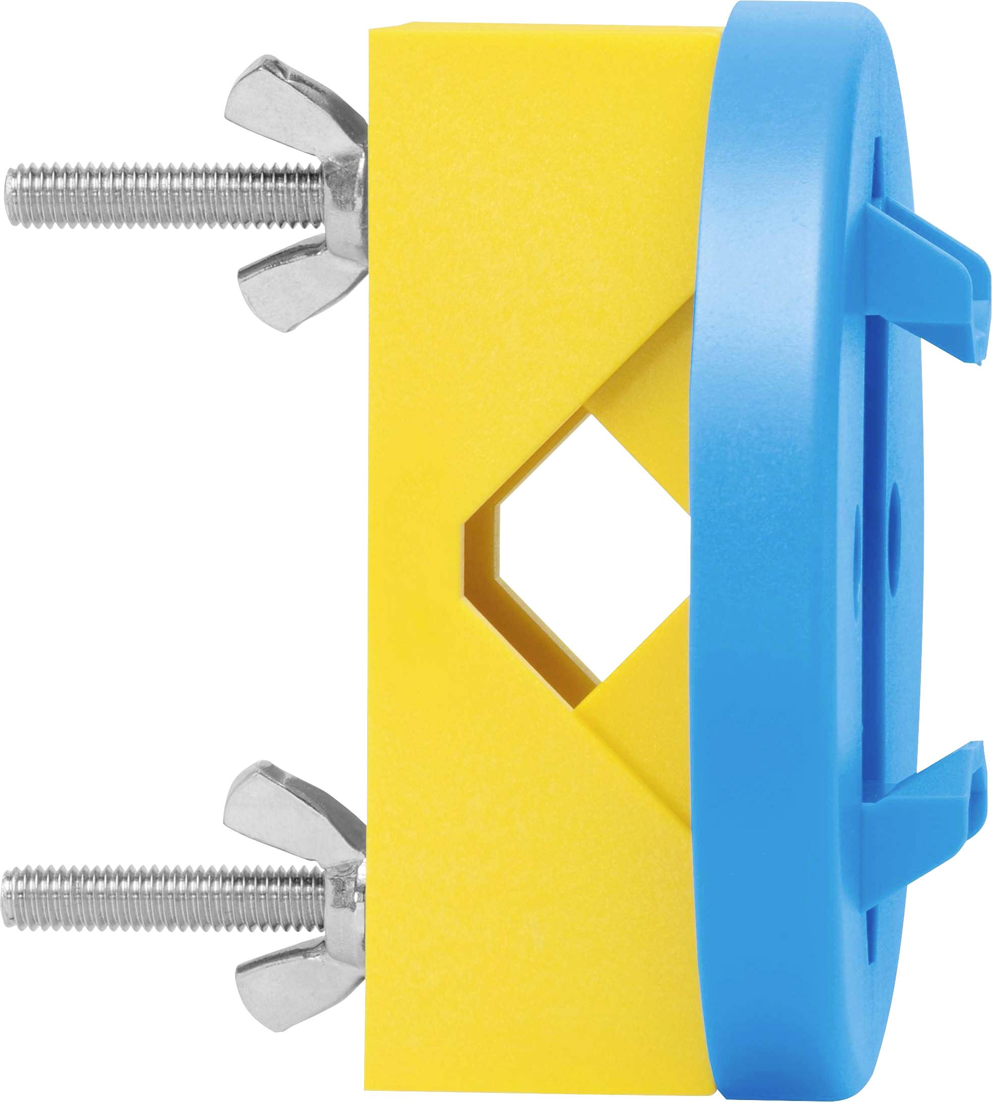 A yellow and blue plastic mounting bracket with two screws and wing nuts. It is used for fastening.