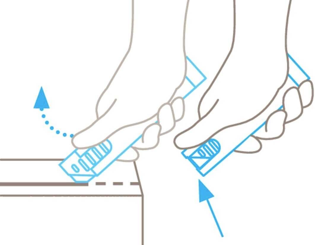 Illustration shows hands using a craft knife to cut along an edge. Arrows indicate the cutting direction.