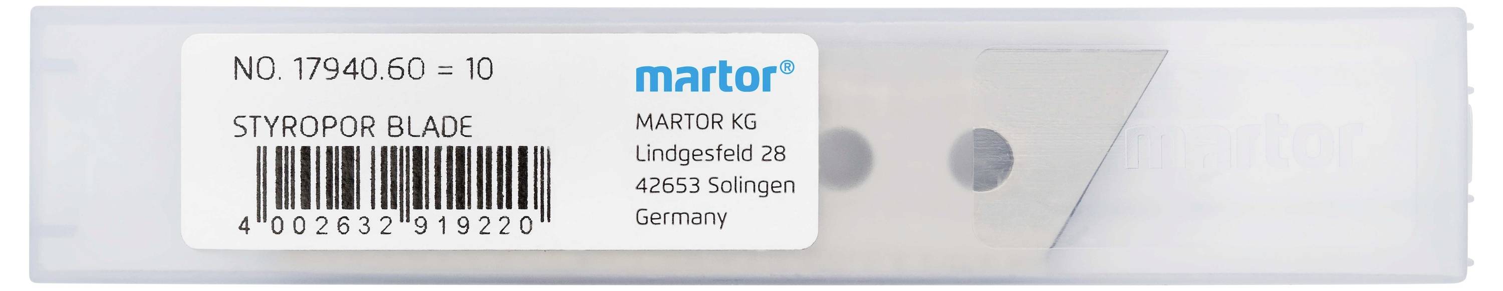 Packaging for Styrofoam Knife by Martor, Article Number 17940. Contains 10 Blades. Manufacturer's Address: Lindgesfeld 28, 42653 Solingen, Germany.