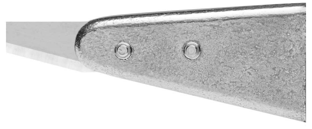 Close-up of a silver metal lever with two visible rivets, likely part of a tool or machine.