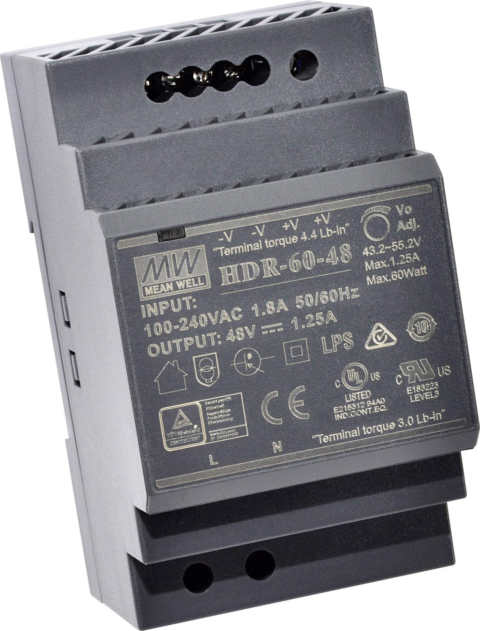 A DIN rail mounting power supply by Mean Well, model HDR-60-48, with input range 100-240VAC and 48V output.