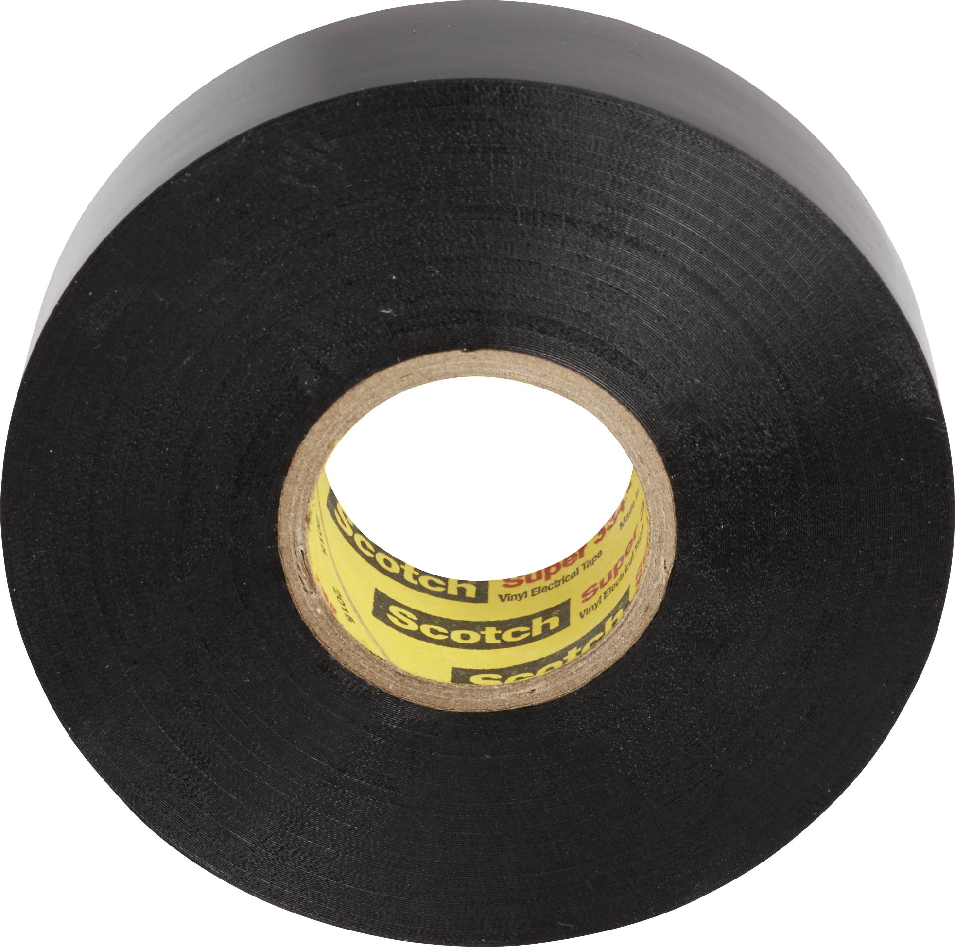 A roll of black insulating tape with Scotch marking on the inside. It is used for insulating electrical wiring.