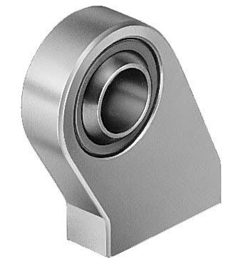 Metallic pivoted bearing with a spherical ball bearing, housed in a rectangular casing, for mechanical connection.