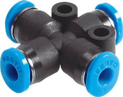 A black cross adapter with four blue connection ends.