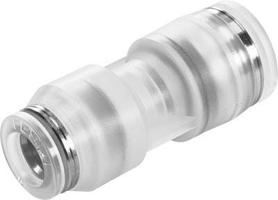 A transparent pneumatic push-fit connector made of plastic with metallic rings, for tube connections in pneumatic systems.