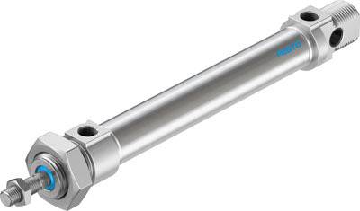 A simple, cylindrical pneumatic cylinder made of metal with blue accents and a threaded connection, with the company logo printed on the side.