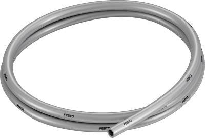 Grey coiled pneumatic tube with 'Festo' printed along its surface, suitable for industrial applications.