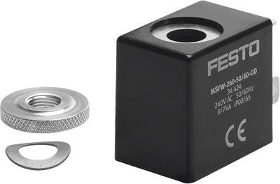 Magnetic coil with 'Festo' label and technical specifications, alongside a metal nut and washer.