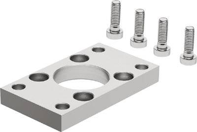 Rectangular metal plate with a central hole and several smaller holes around the edge. Four matching screws are placed beside it.