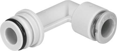 Angled white plastic pipe connector with two O-rings at the ends.