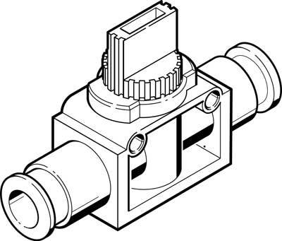 Technical drawing of a valve with pipes on both sides. In the centre is a rectangular switch or connection.