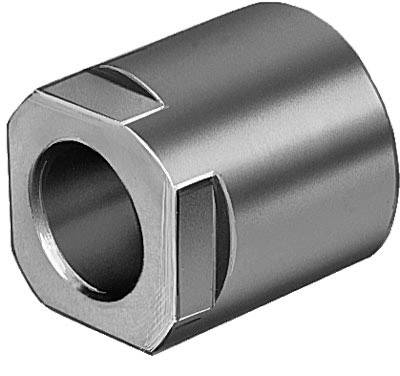 A cylindrical metal component with a large central hole and flattened sides, possibly a machine part or tool.