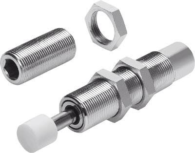 Metal screw with two hexagonal nuts, a cover, and a plastic shock absorber. Primary component for mechanical engineering applications.