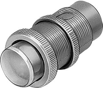 Close-up of a metallic connector with a ridged casing, threaded screw, and shiny cap, against a white background.