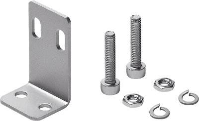 Metal angle bracket with two bolts, two nuts, and two washers.