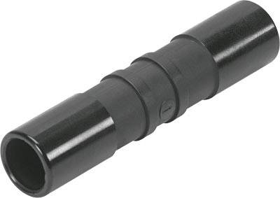 A black plastic connector with a cylindrical shape, ideal for joining purposes in pipes or hoses.