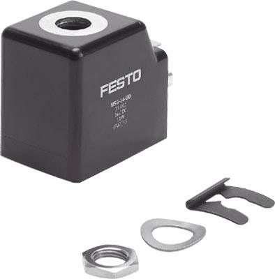 FESTO Solenoid Valve Coil with Mounting Accessories, black housing, cylindrical connection visible from above.