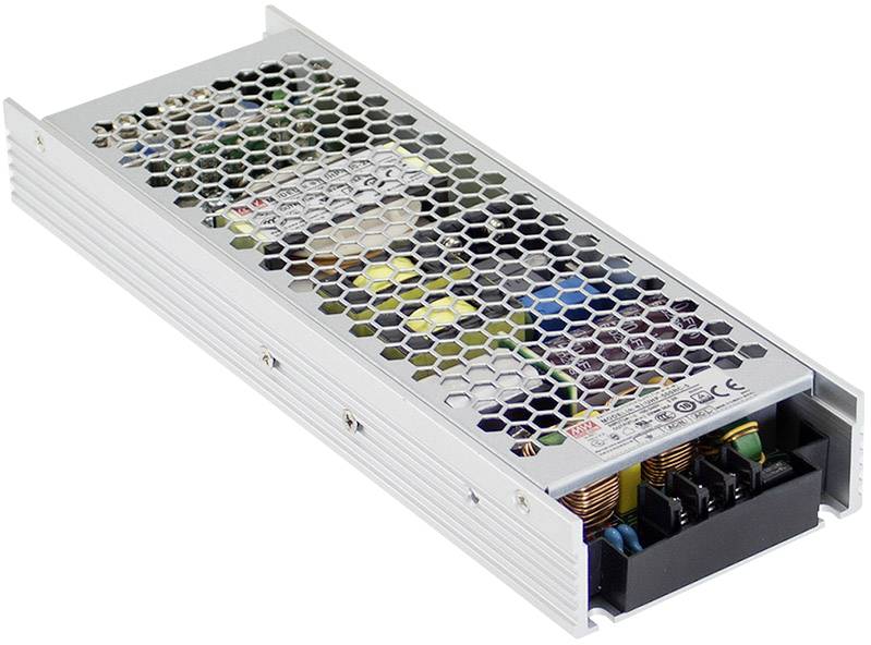 A rectangular switch-mode power supply with a mesh enclosure, showing electronic components and a plug connection.