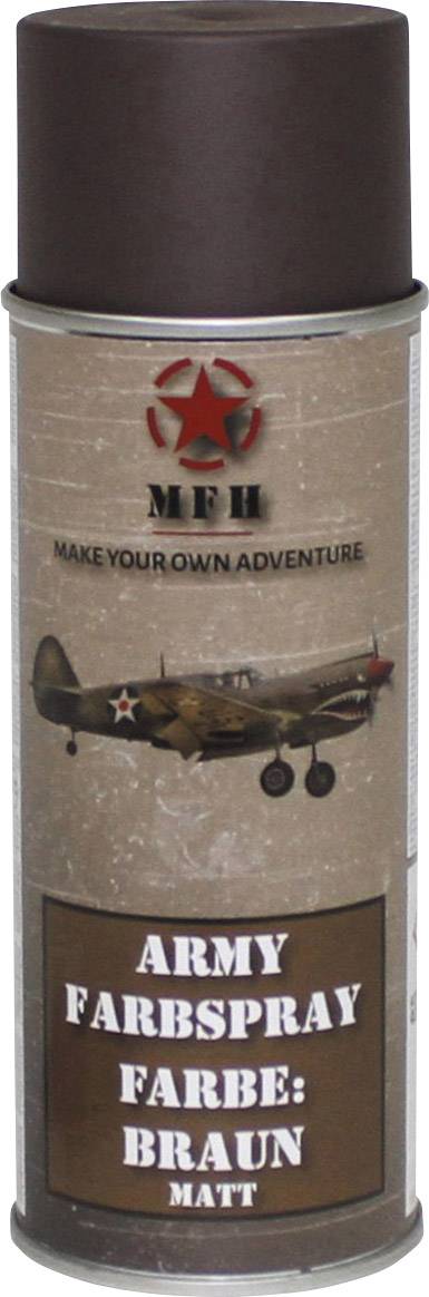 Spray paint can in military brown, with a matte finish. Text: 'MFH Make Your Own Adventure', featuring an image of a military aircraft.