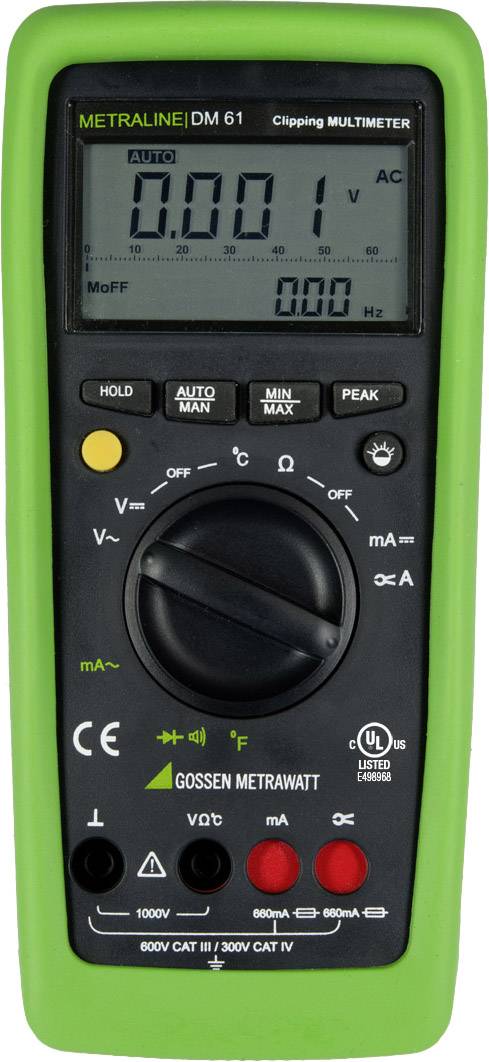 Green multimeter, brand Gossen Metrawatt, model Metraline DM 61. Display showing '0.001' in AC mode. Various buttons and rotary controls present.