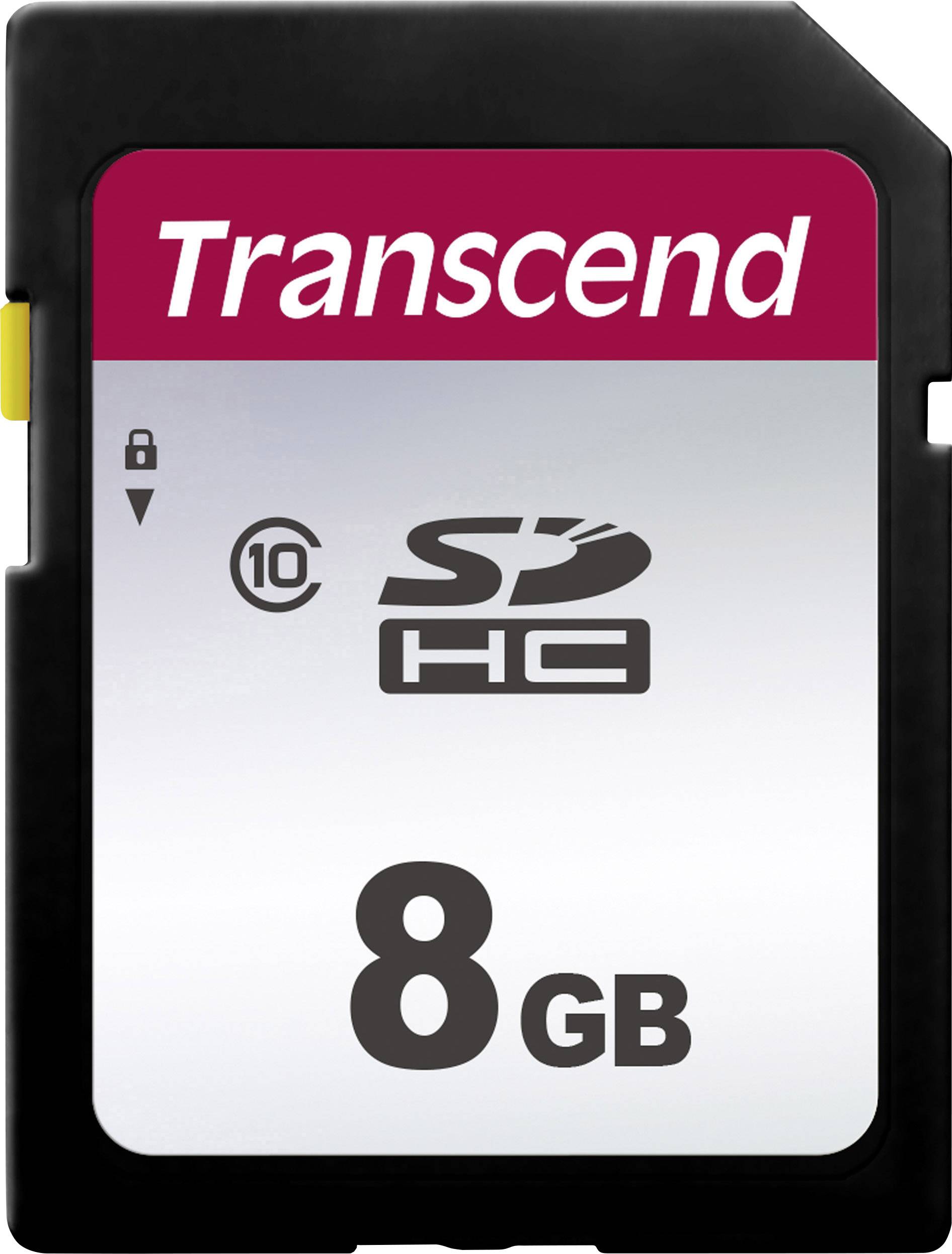 Transcend SD card with 8 GB storage capacity. It is marked as an SDHC card with speed class 10.