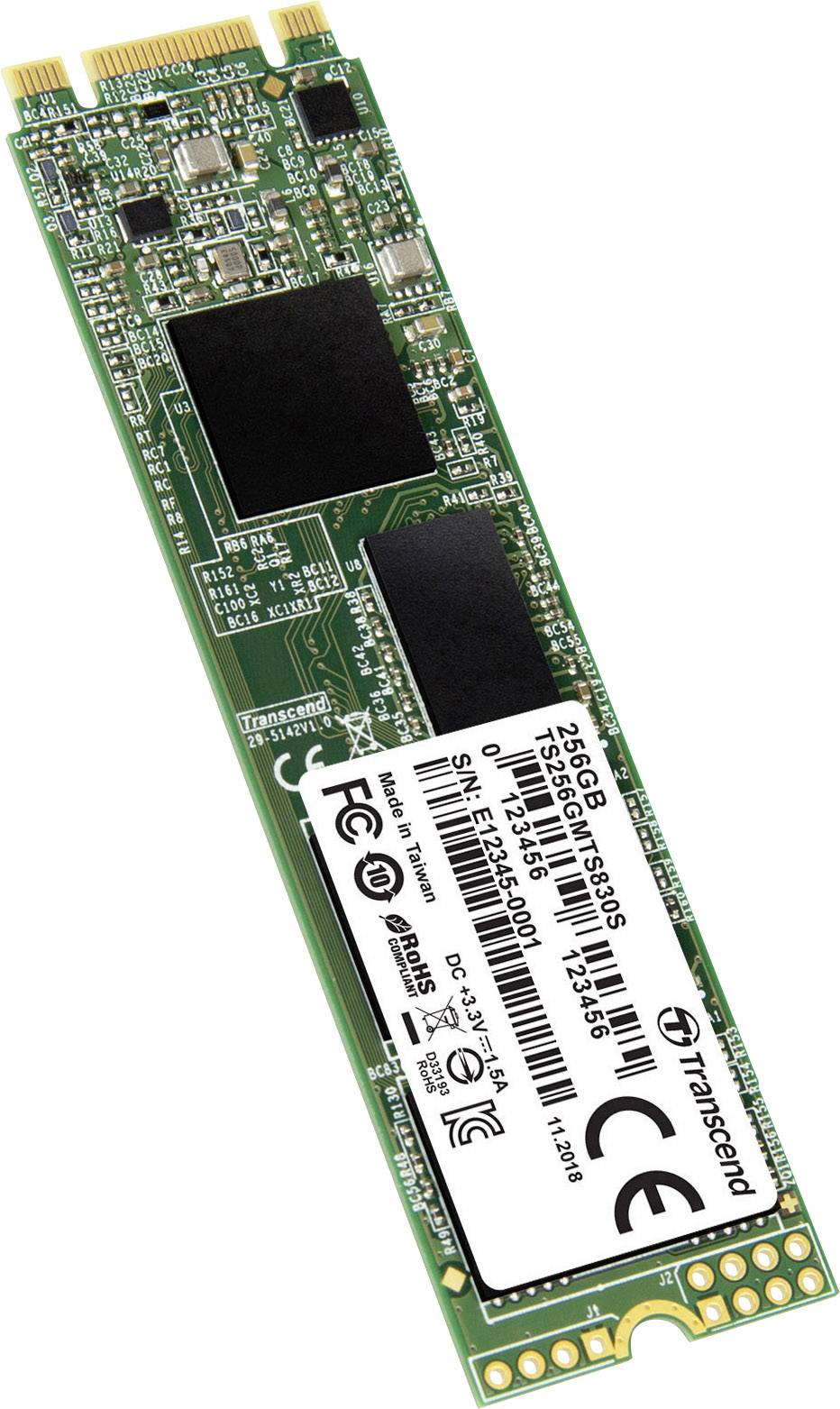 A green Transcend M.2 SSD with a storage capacity of 256 GB, showing typical components and circuit boards.