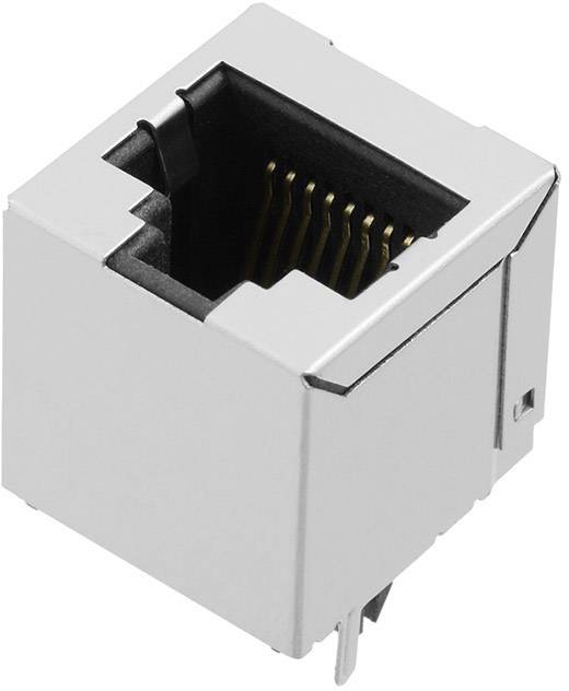 Silver Ethernet socket with multiple golden connection pins inside. Used for network connections.