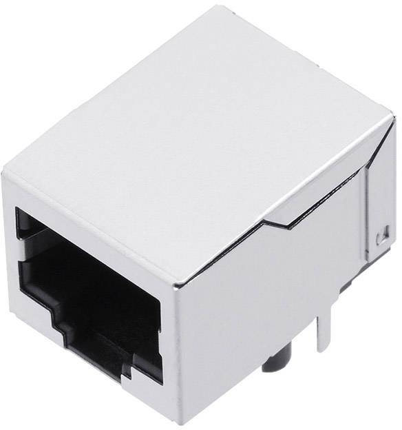 A silver RJ45 network socket adapter used for connecting Ethernet cables in network devices.