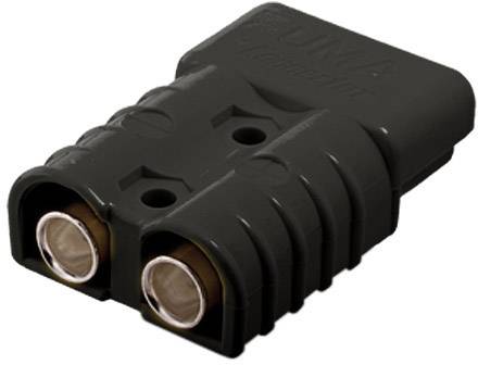 Black connector with two metal contacts, suitable for high-current applications. Compact, robust design.