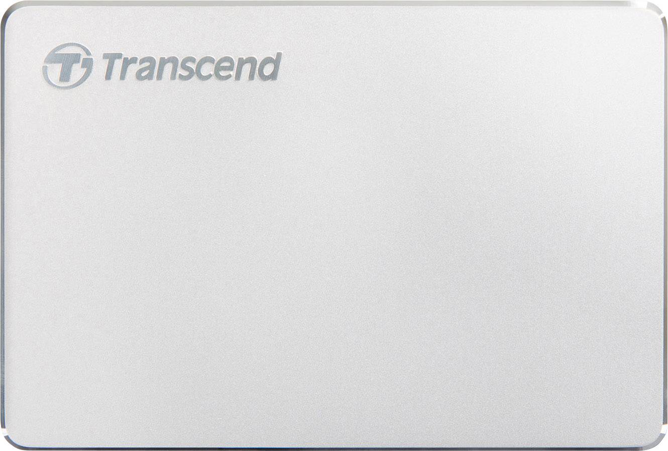 External hard drive by Transcend with a silver casing.