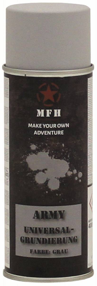 A spray can of grey paint, labelled 'Army Universal Primer Colour: Grey', by the brand MFH.