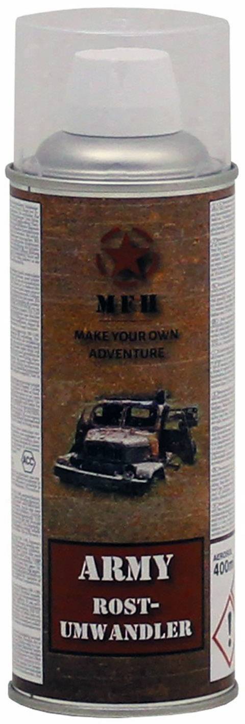 Spray can with the inscription 'Army Rust Converter', featuring an image of metal objects on a rusty background, brand 'M.P.H'.