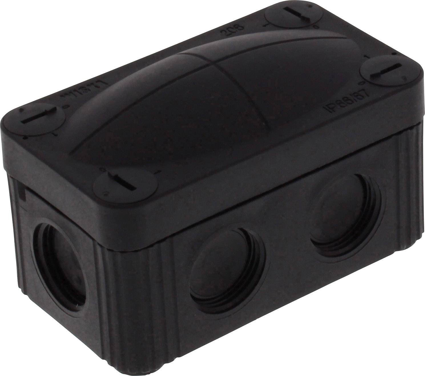Rectangular, black junction box with a removable cover and multiple cable entries on the sides. Type designation 'IP68157'.