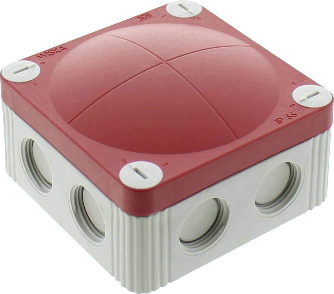 Electrical junction box with a red lid and multiple circular cable entry points on the sides.