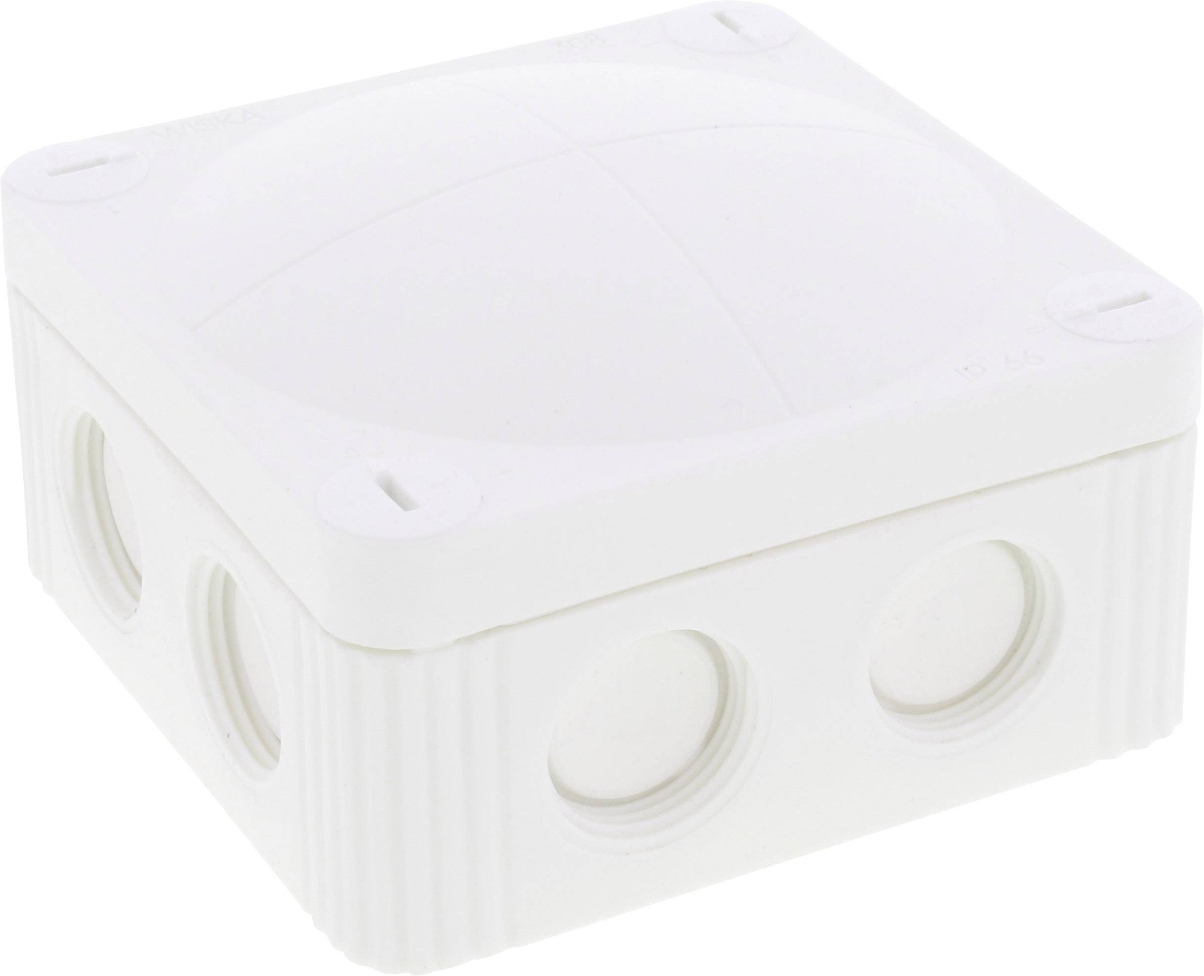 A white, square junction box with four round openings on the sides, used in electronic or electrical installation work.