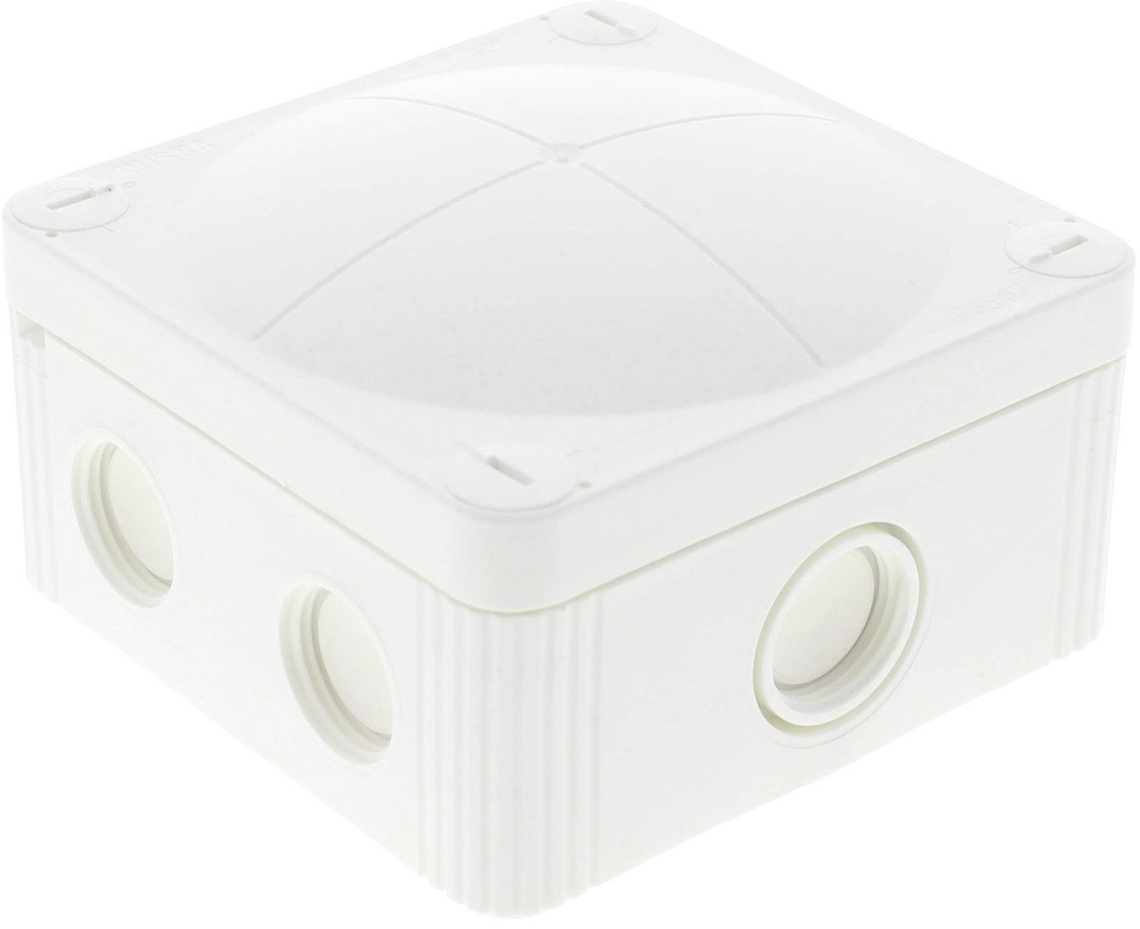 White plastic junction box with rounded corners and multiple openings on the sides, for installing electrical connections.