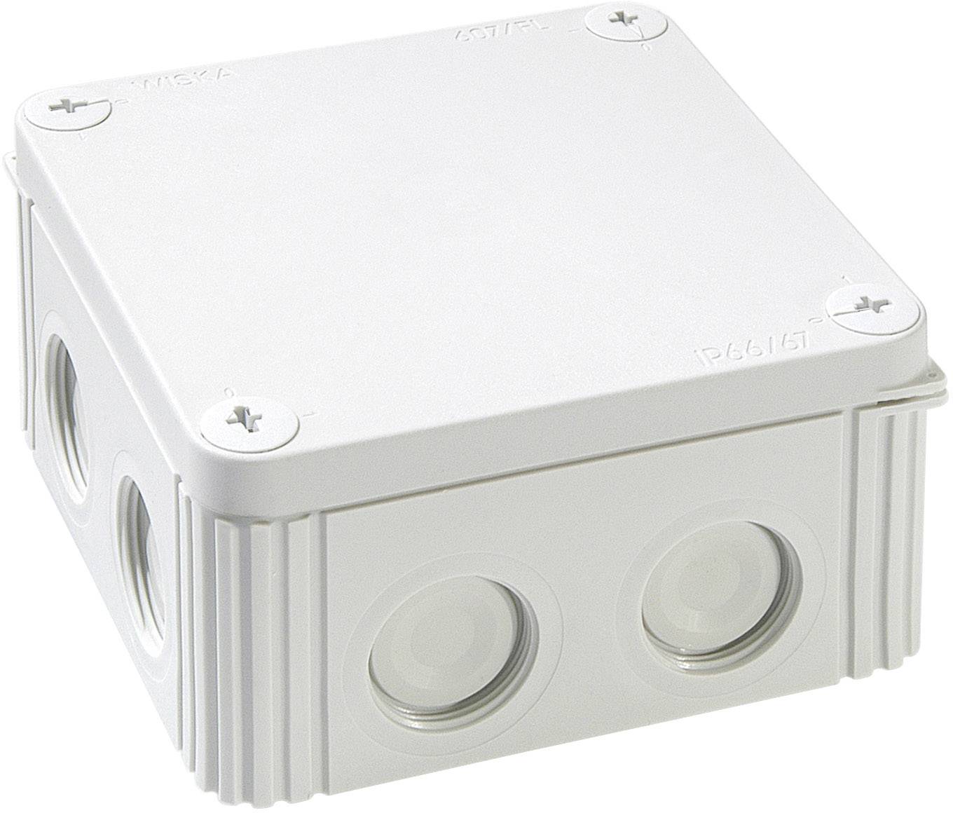White, square plastic junction box with removable plates on all sides, suitable for cable connections in electrical installations.