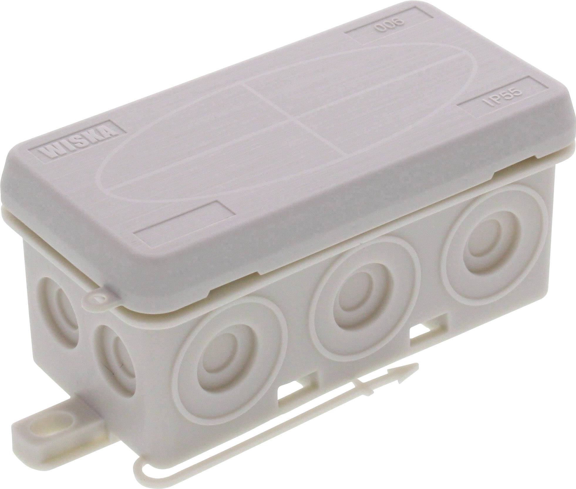 White plastic junction box with rounded corners, embossed with 'Wiska', ideal for cable connections.