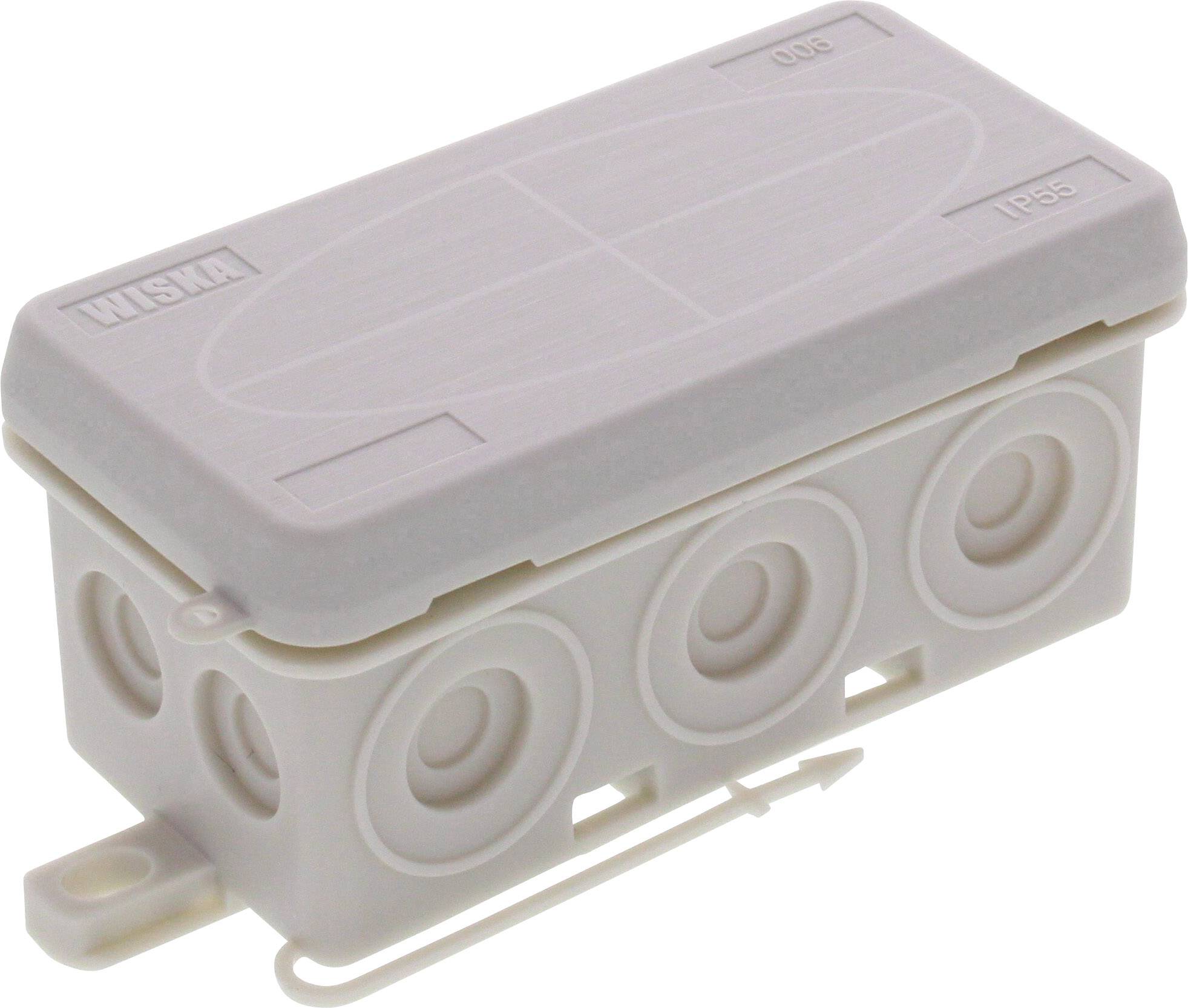 A beige plastic enclosure with 'Wiska' printed on it. It features round cutouts on the sides and a removable cover, classified as IP55.