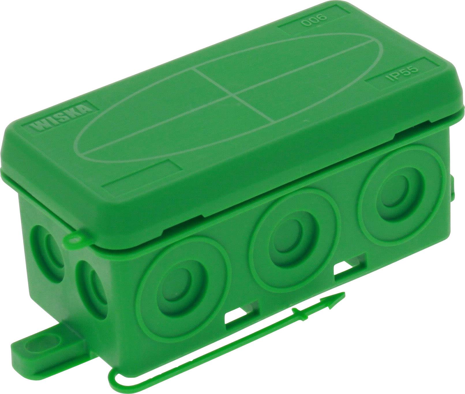 Green plastic container with various round side apertures. Product for protecting electrical connections, IP55 rated.
