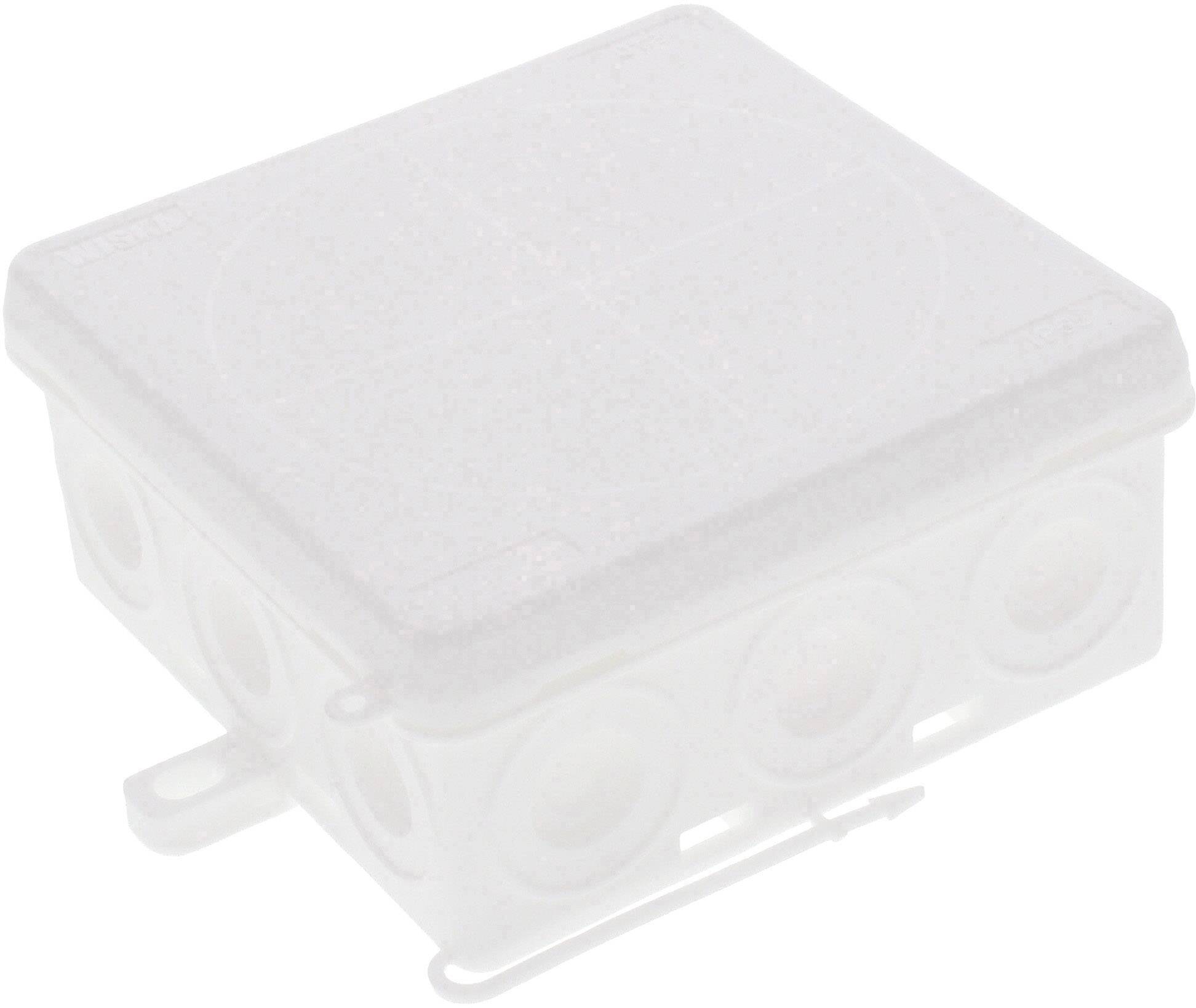 A white, square junction box with pre-drilled openings on its sides, for installing electrical connections in interior spaces.