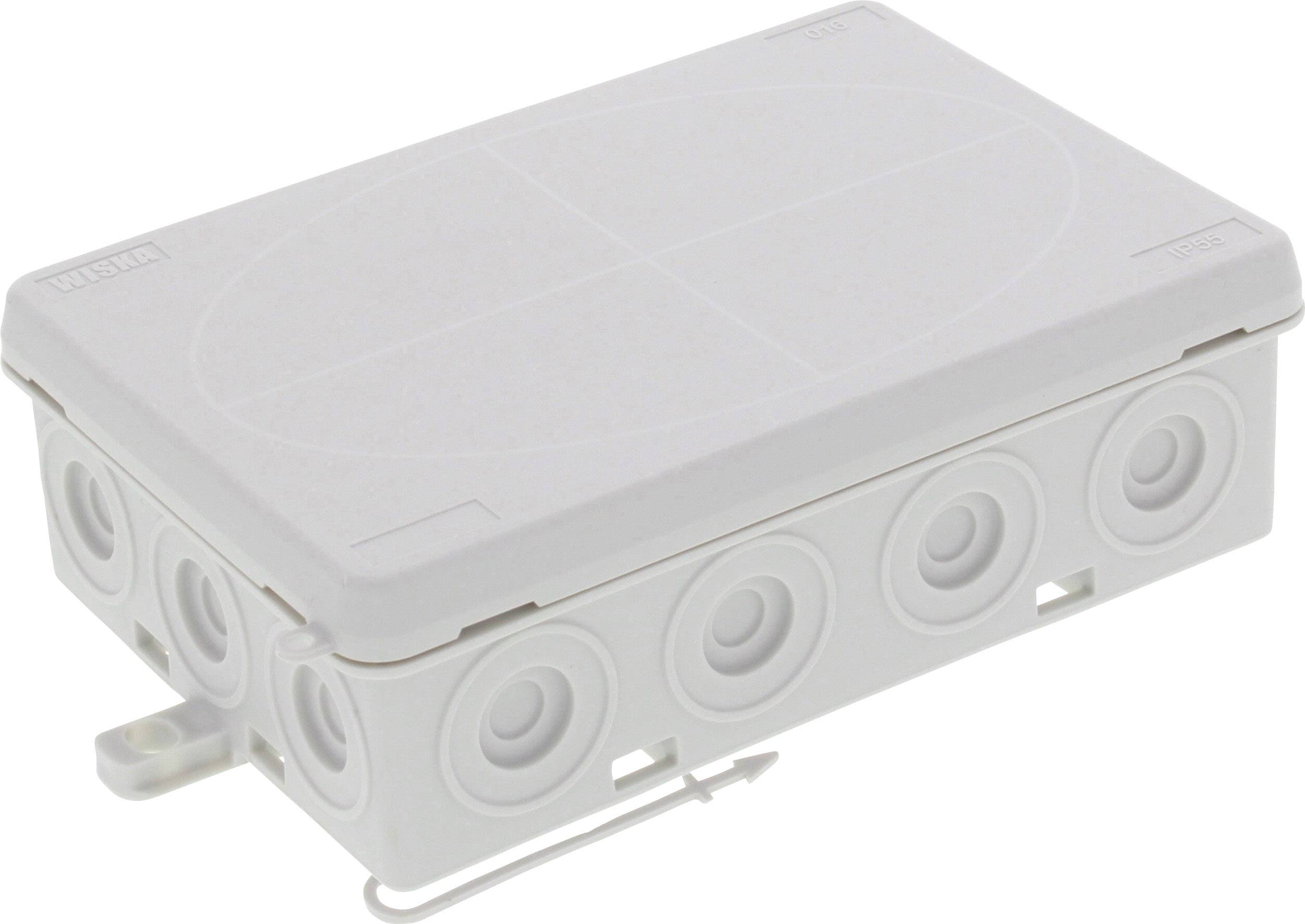 White electrical junction box with multiple cable entry points on the sides, for secure installation of cables and wiring.
