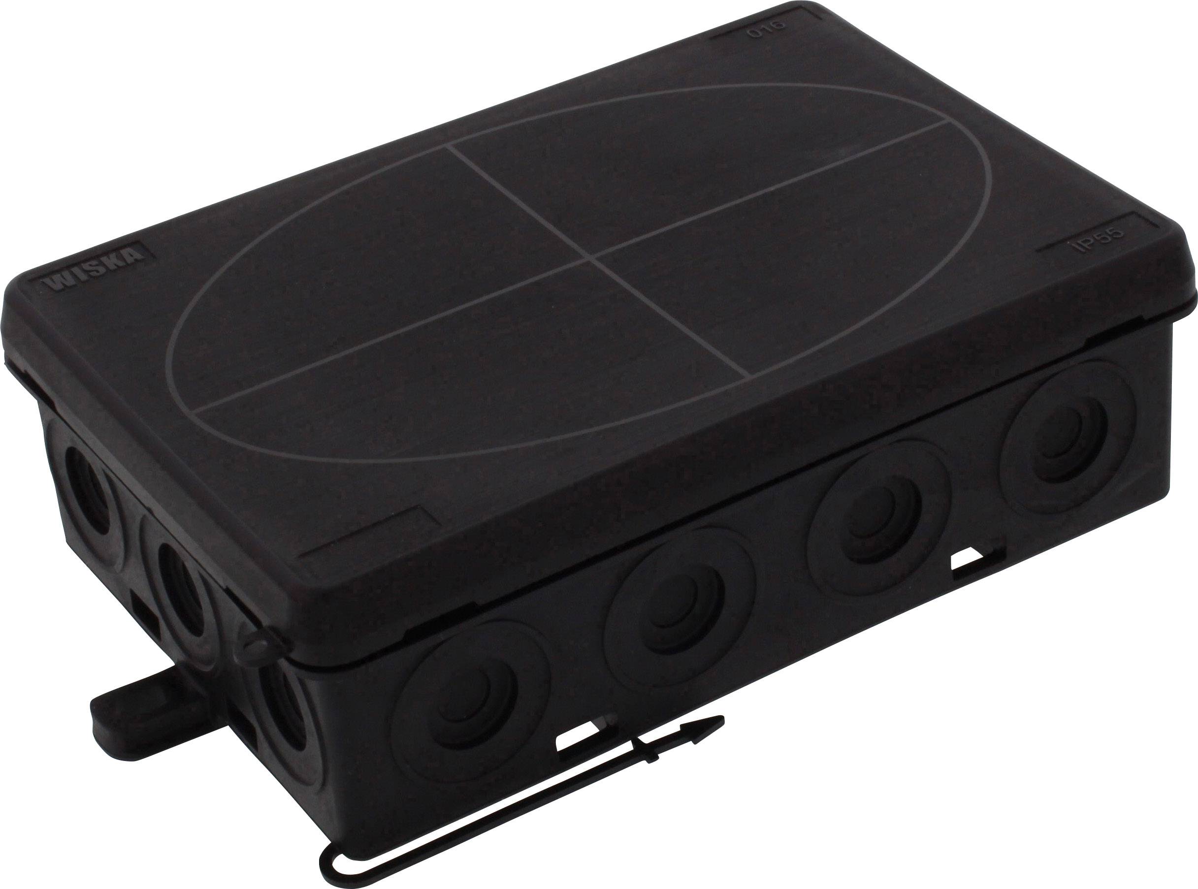 Black plastic junction box with multiple round cable entry points on the sides, used for electrical wiring.