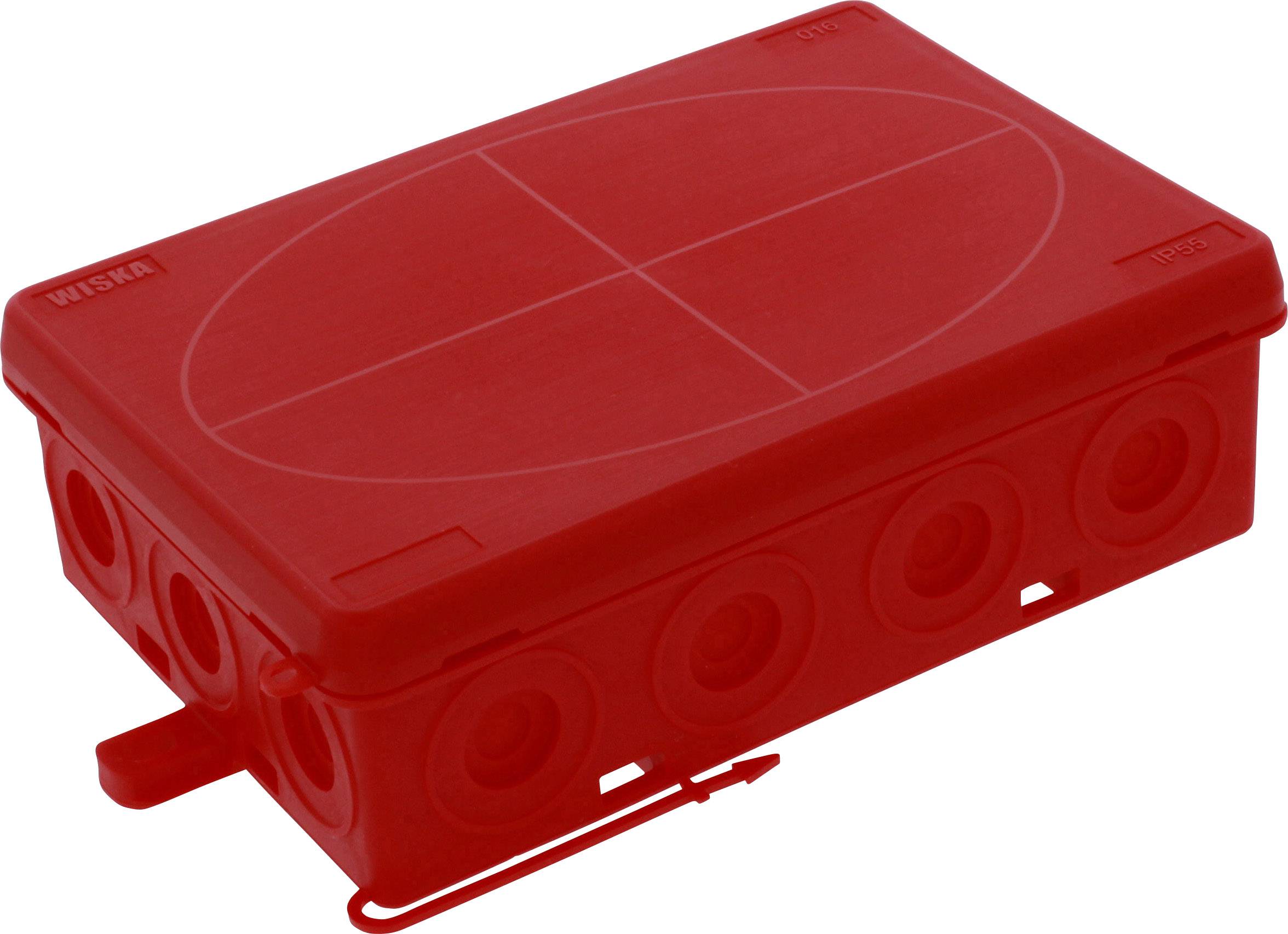Red plastic container with rounded corners and multiple cable entry points on the sides.