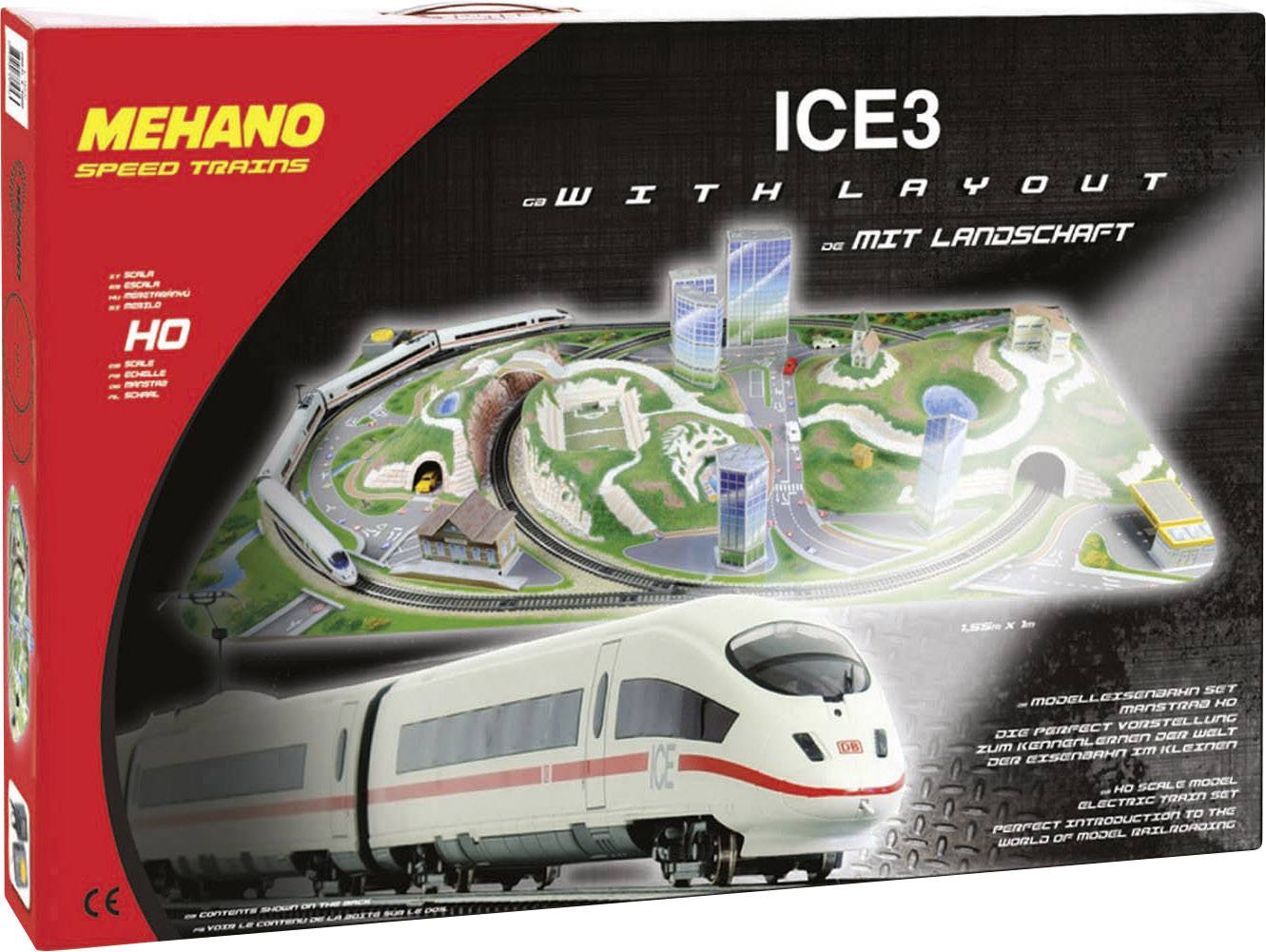 Packaging for a model railway: ICE3 train with landscape setting on the front, brand 