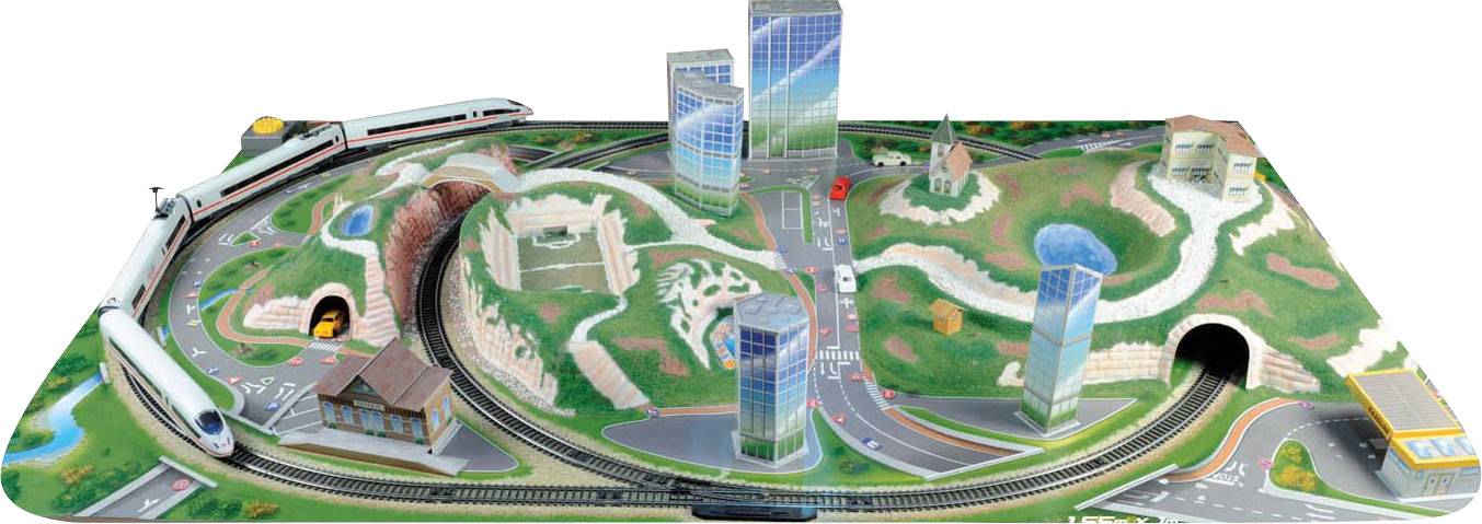 Toy railway set with tracks, trains, buildings and landscapes on a play board.