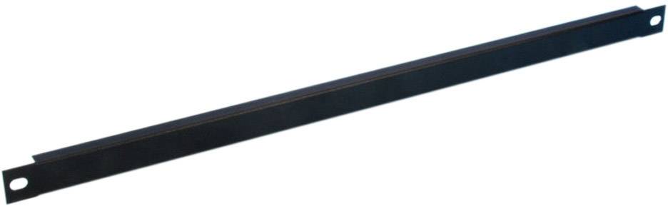 A black, rectangular metal part with mounting holes at both ends, likely a 19-inch server blanking plate used to cover empty rack spaces.