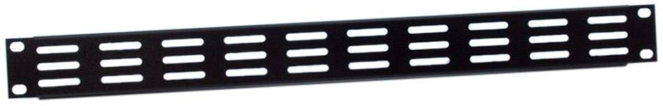 A black metal grid blanking panel with ventilation slots, suitable for installation in a 19-inch rack.