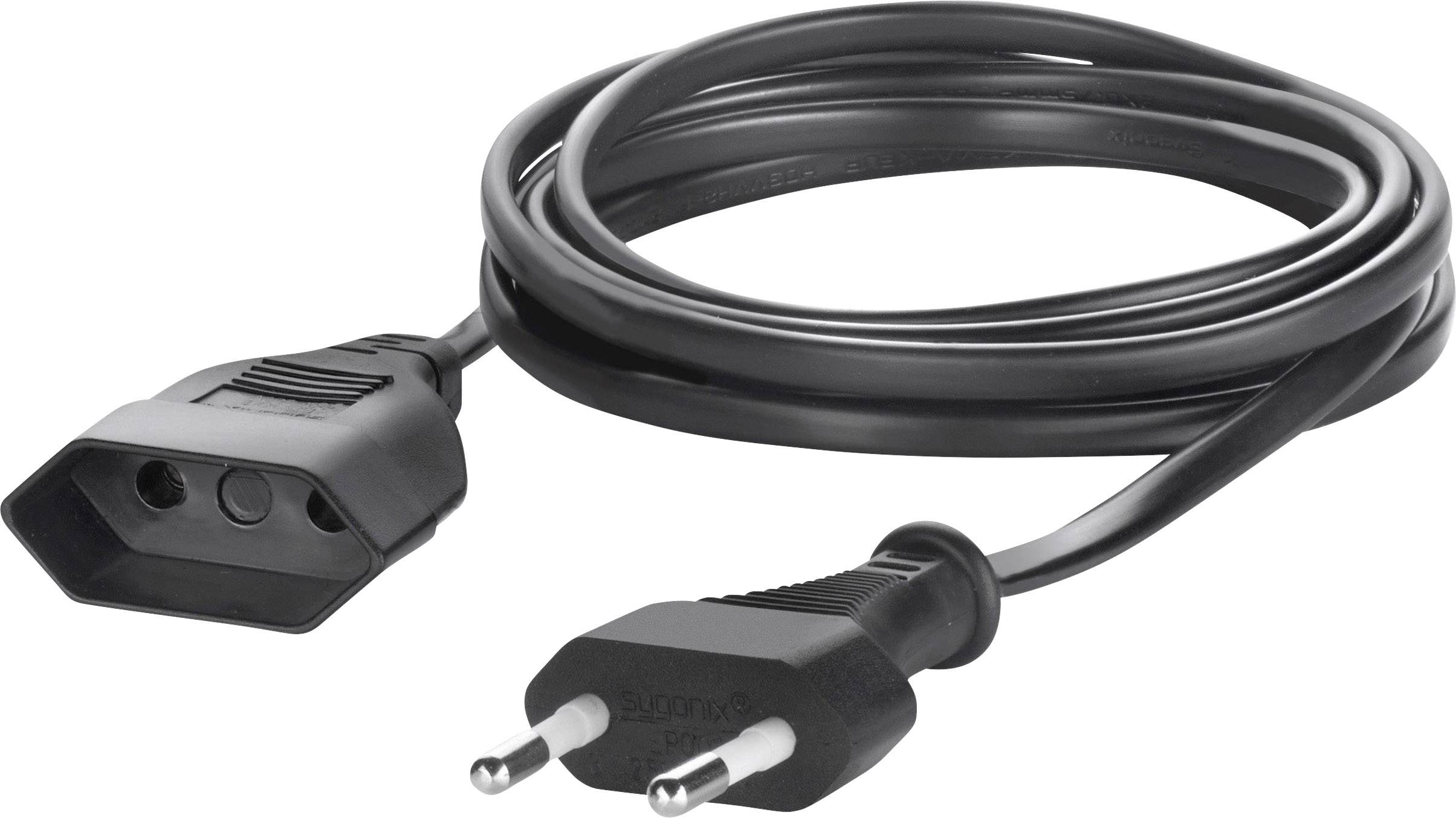 Black network cable with Euro plug and three-pin connection, suitable for powering electronic devices.
